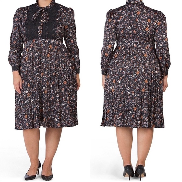 Dalia MacPhee Dresses & Skirts - DALIA Macphee Floral Pleated Long Sleeve Midi Dress Black‎ Size 3x New